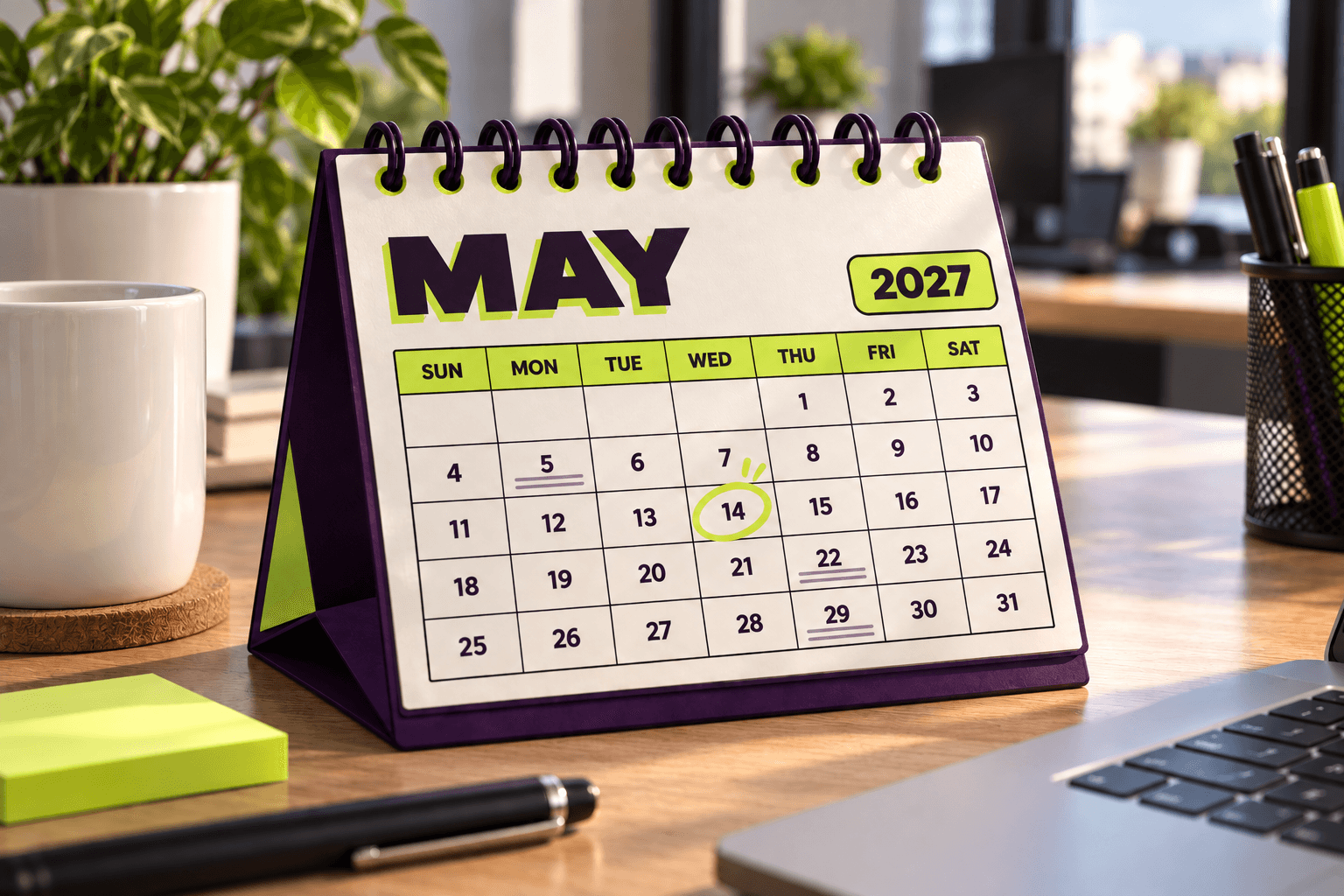 GRNTS Funding Calendar 2027 on a desk, open to May with a deadline circled